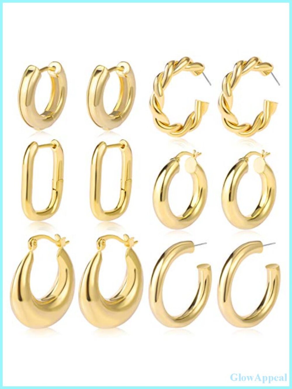6 Pairs Chunky Gold Hoop Earrings, 14K Gold Plated Hypoallergenic